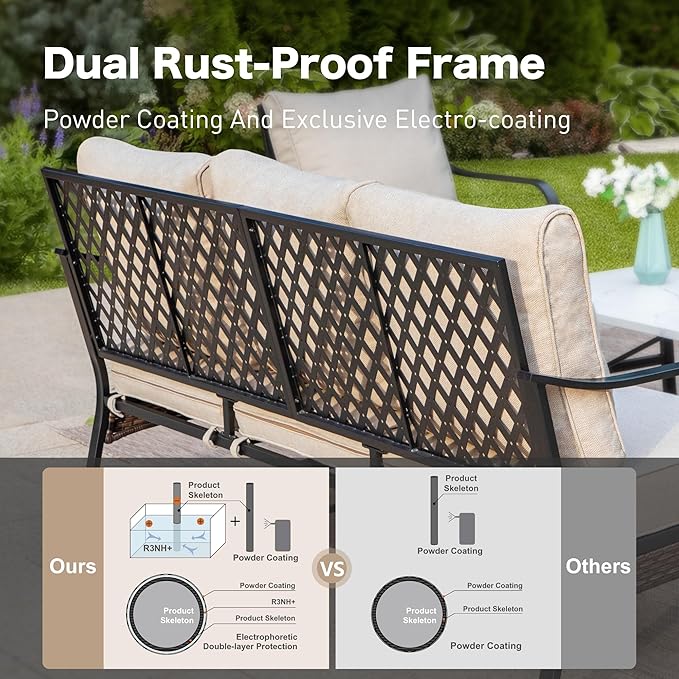 6 Piece Metal Outdoor Patio Furniture Sets, Patio Conversation Sets 1 3-Seater Sofa, 4 Single Sofa with 5.75" Extra Thick Cushion & Coffee Table, Black Frame Backyard Furniture, Beige