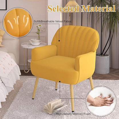 Velvet Accent Chair, Mid Century Modern Accent Chairs for Living Room, Comfy Upholstered Armchair with Metal Legs for Bedroom/Apartment/Office/Waiting Room, Yellow