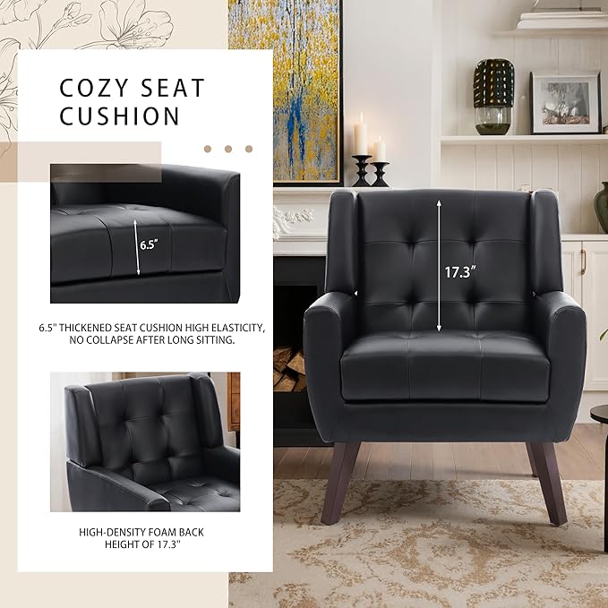 Faux Leather Accent Chairs Set of 4, Mid-Century Modern Upholstered Armchair, Comfy Living Room Chairs Reading Chairs with Button Tufted Back & Solid Wood Legs for Bedroom, Office, Black