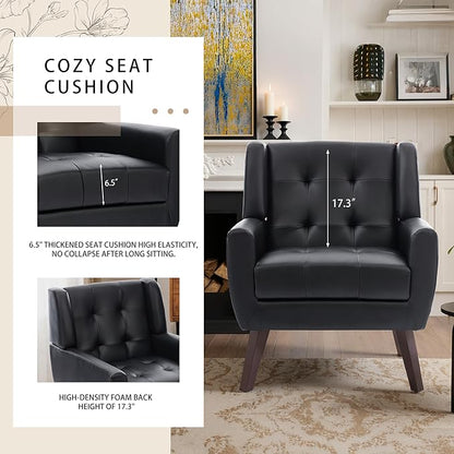 Faux Leather Accent Chairs Set of 2, Mid-Century Modern Upholstered Armchair, Comfy Living Room Chairs Reading Chairs with Button Tufted Back & Solid Wood Legs for Bedroom, Office, Black