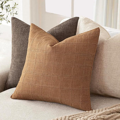 Foindtower Set of 2 Decorative Linen Check Throw Pillow Covers Neutral Farmhouse Vintage Cushion Covers Modern Boho Home Decor for Sofa Chair Couch Bedroom Living Room,18×18 Inch,Brick