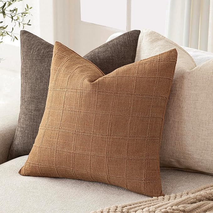 Foindtower Set of 2 Decorative Linen Check Throw Pillow Covers Neutral Farmhouse Vintage Cushion Covers Modern Boho Home Decor for Sofa Chair Couch Bedroom Living Room,26×26 Inch,Brick