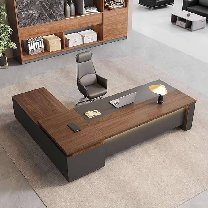 L-Shaped Executive Desk with LED Lights, Lockable Storage & 3-in-1 Charging Station, Reversible Cabinet, Modern Wood Office Desk for CEO, Manager & Home Office(Black Walnut+Khaki, 95"L*71"W*30"H)