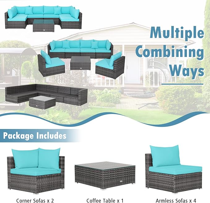 Tangkula 7 Pieces Patio Furniture Set, Patiojoy All-Weather Outdoor Rattan Sectional Sofa Set with Cushions and Tempered Glass Coffee Table, for Garden, Lawn, Backyard (Turquoise)