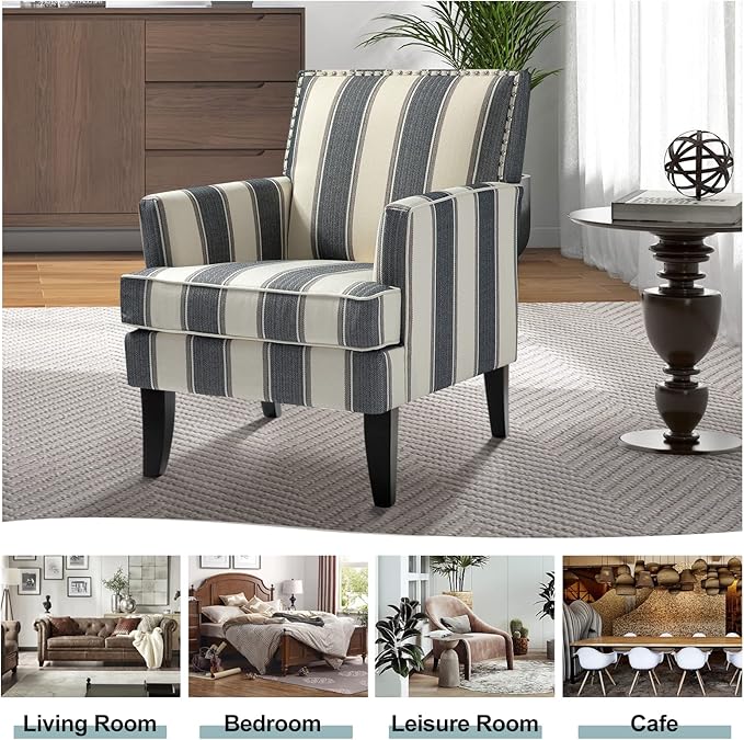 HULALA HOME Modern Accent Chairs Set of 2, Farmhouse High Back Striped Chairs with Wooden Legs & Nail Head Trim, Comfy Upholstered Armchairs for Living Room/Bedroom (Stripe Black)