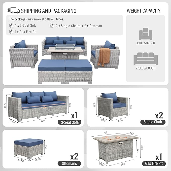 WAROOM Patio Furniture Set 6 Piece Grey Wicker Outdoor Furniture Patio Sectional Sofa Couch PE Rattan Conversation Sets with Fire Pit Table, Blue Cushion