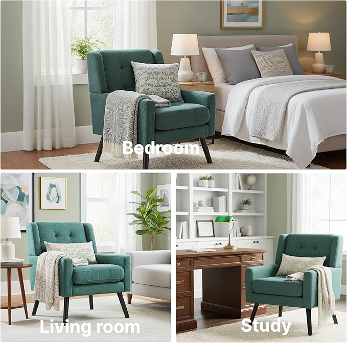 Mid-Century Modern Accent Chair Set of 2, Plush Linen Fabric with Button Tufted High Back & 5" Thick Cushion, High Comfort Reading Chair for Living Room, Bedroom, Office (Green)