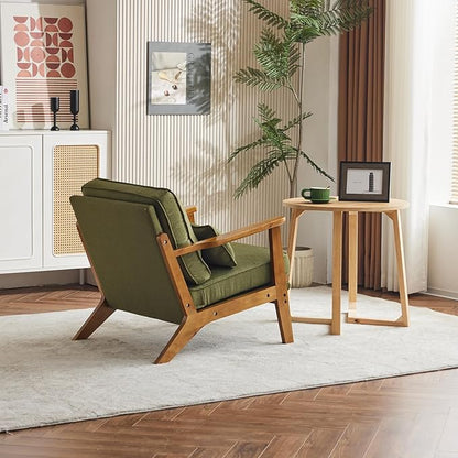 Karl home Accent Chair Wide Armrest Mid-Century Lounge Chair Linen Fabric Armchair with Lumbar Pillow & Solid Wood Frame for Living Room, Bedroom, Balcony, Green