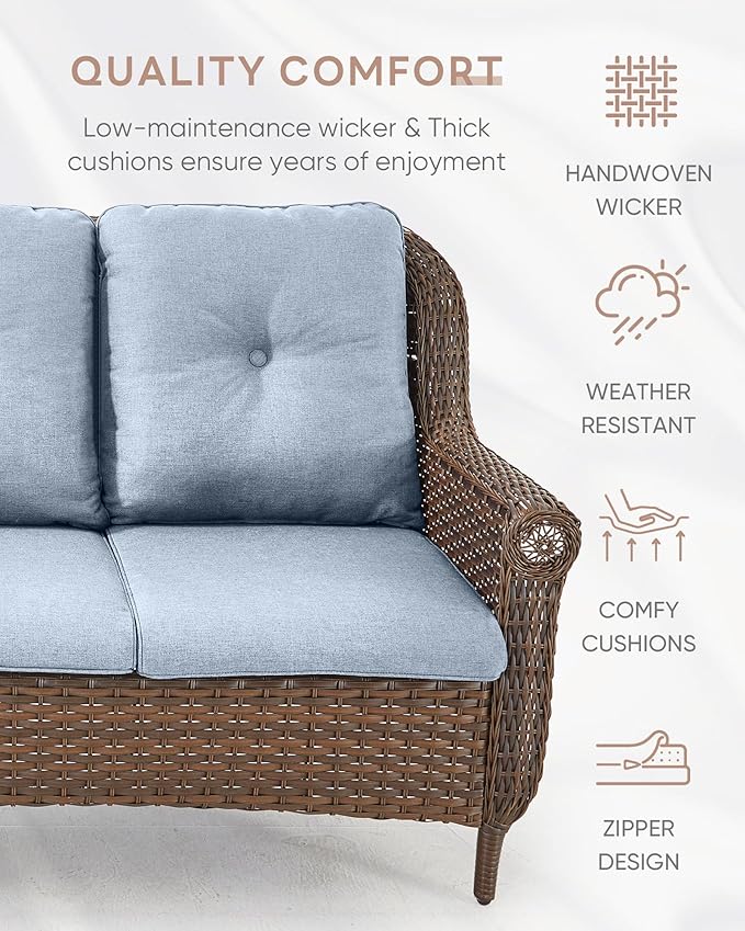 Patio Loveseat Outdoor Wicker Sofa - Heavy Duty All-Weather Brown Rattan 2-Person Sofas with High Back and Comfortable Thick Cushions for Garden Back Porch Poolside Apartment - Baby Blue