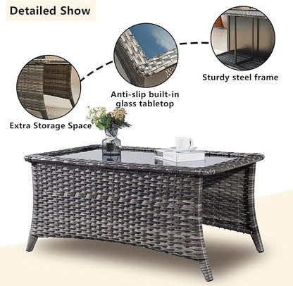 Rilyson Wicker Outdoor Patio Furniture Set - 8 Piece Patio Conversation Sets with Swivel Rocker Chairs, Ottomans, Sofa and Coffee Table, 6 inch Cushions, Deep Seating, for Porch Deck Mixed Grey/Blue