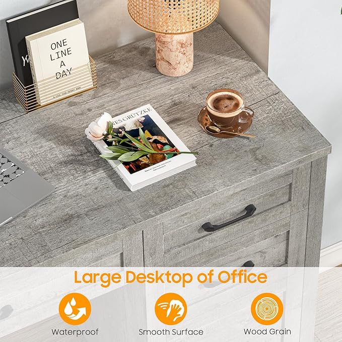 Farmhouse 47" Executive Desk, Computer Desk with File Drawer and Charging Station, Workstation for Home Office, Study（Grey）.