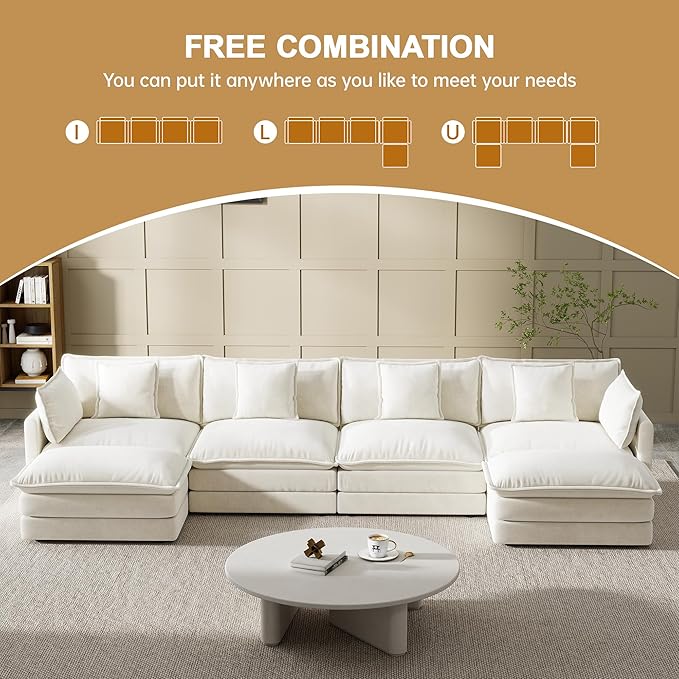 Modular Sectional Sofa, 146.5 Inch U-Shaped Cloud Sofa with Deep Seat Chenille Sofa with Cushions, Four Seater Sectional Sofa for Living Room Apartment,White