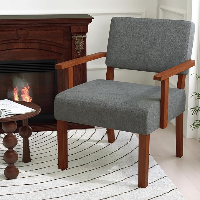 KOMFOTT Upholstered Accent Chairs Set of 2, Mid-Century Modern Armchair with Rubber Wood Frame, Linen Living Room Chairs with Padded Seat & Backrest, Reading Chair for Bedroom, Waiting Room, Grey