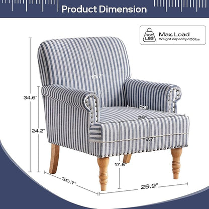 HUIMO Linen Fabric Accent Chairs Set of 2, Mid-Century Modern Armchair with Solid Wood Legs, Single Sofa Chair,Upholstered Reading Club Chair (2, Dark Blue and White Stripe)