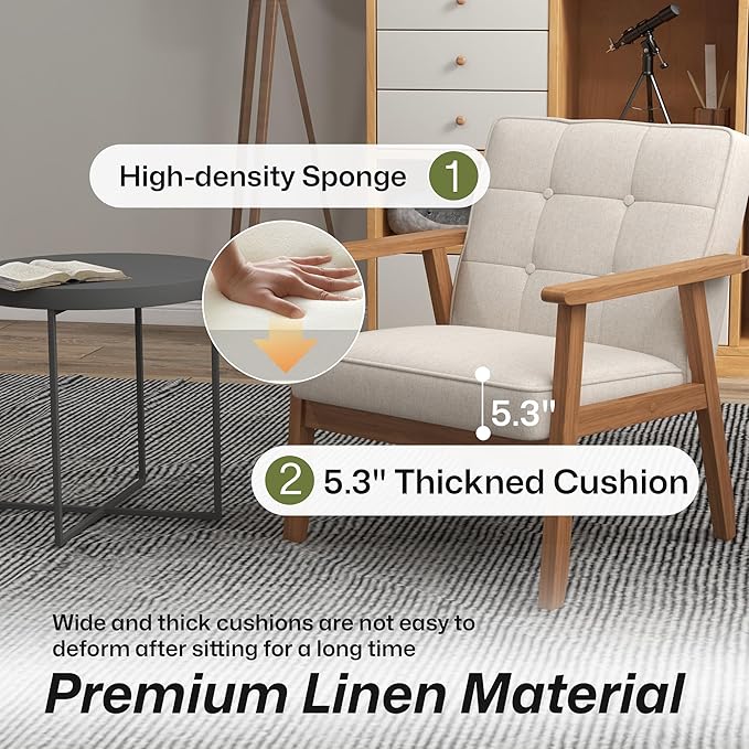 Modern Accent Chairs Set of 2, Upholstered Linen Fabric Leisure Chairs with Backrest Button and Wooden Frame for Living Room Bedroom Reading (Beige)