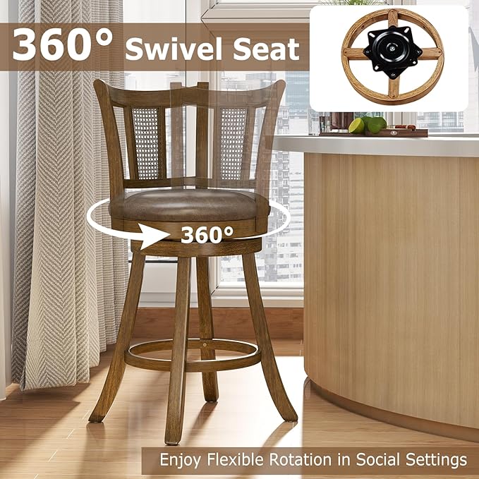 COSTWAY Counter Height Barstools Set of 4, 25” Solid Rubber Wood Swivel Counter Chairs with Faux Leather Seat, Curved PE Rattan Back, for Living Room & Kitchen Island, Brown (4, 25” Seat Height)