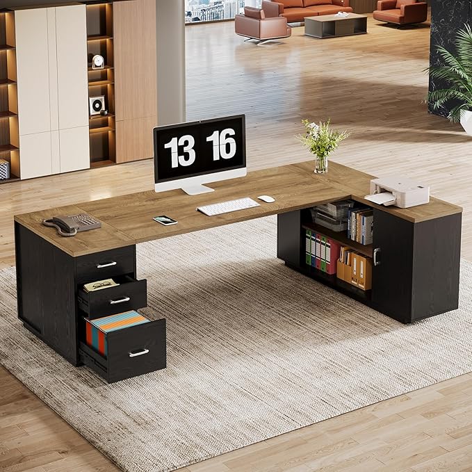 Tribesigns 85.8-Inch L-Shaped Executive Desk with File Drawers, Door Cabinet & Shelves, Extra Large Commercial Office Desk, Modern Professional Office Table, Business Furniture, Natural & Black