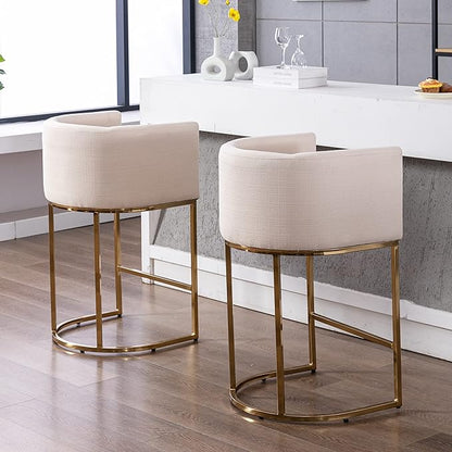 Contemporary Cream Linen Bar Stools Set of 2, 29" Upholstered Fabric Counter Height Barstools Kitchen Counter Island Stools with Screwed Together Golden Metal Base