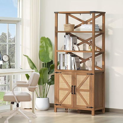 5 Tier Bookshelf 70" Rattan Boho Tall Bookcase with Barn Doors,Large Farmhouse Display Book Shelf with Adjustable Shelves and Storage Cabinet，Wood Bookshelves for Living Room,Kitchen,Natural