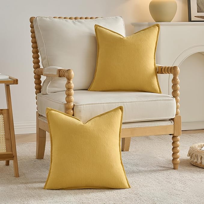 FUTEI Mustard Yellow Chenille Throw Pillow Covers 22x22 Inch Set of 2,Edges Double-Stitched Cushion Cases,Modern Home Decor for Couch Living Room