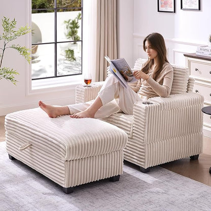 ONBRILL Corduroy Oversized Chair with Ottoman, 44" Wide Armchair with Cup Holders & USB Port, Reading Chair w/Storage Armrest, Easy Assembly, Comfy Single Sofa Bed for Living Room, Apartment, Beige