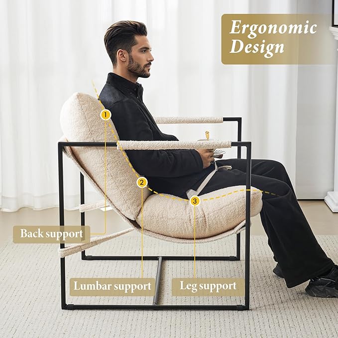 Furnilivng Large Sling Accent Chairs Set of 2, Comfortable Boucle Fabric Arm Chair, Upholstered Cozy Reading Chair for Living Room, Bedroom, Dressing Room, Home Office, White