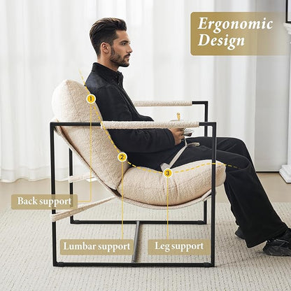 Furnilivng Large Sling Accent Chairs Set of 2, Comfortable Boucle Fabric Arm Chair, Upholstered Cozy Reading Chair for Living Room, Bedroom, Dressing Room, Home Office, White