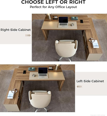 L-Shaped Executive Desk with Lockable Drawers – 79" Modern Large Executive Office Desk with LED, Lateral File Cabinet, Built-In Cable Box, Privacy Panel & Storage Shelves for Home or Business, Right