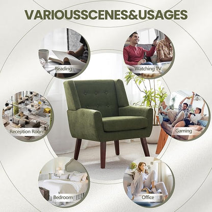 Accent Chairs for Living Room,Button-Tufted Upholstered Armchair with Wooden Legs,Comfy Mid Century Modern Chair for Bedroom Apartment Waiting Room Green
