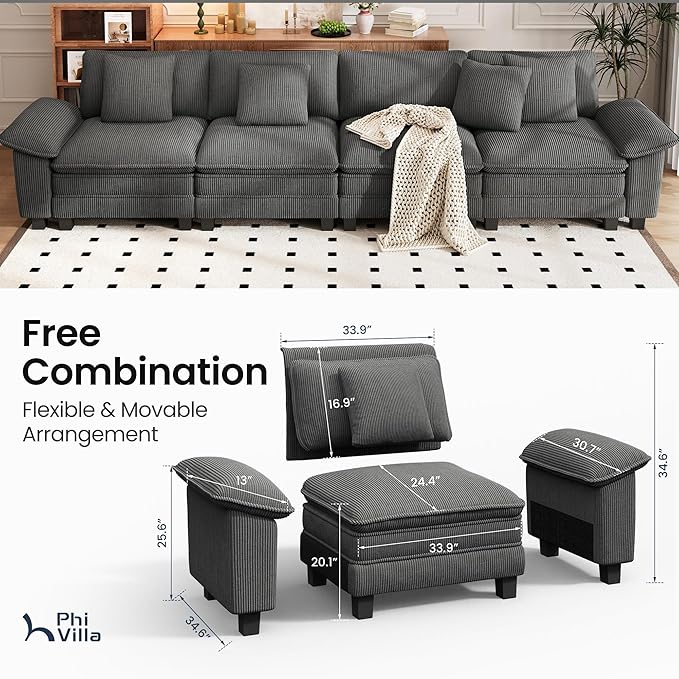PHI VILLA Cloud Modular Couches Sets, 157.5" Sectional Sofa with Upholstered Deep Seat, 4-Seater Long Couches for Living Room Apartment, Corduroy Fabric, Grey