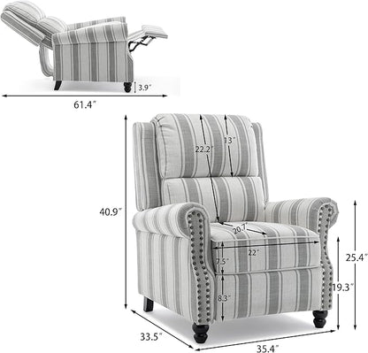 Pushback Recliner Chair, Comfy Fabric Wingback Recliner Chair, Upholstered Armchair Push Back Recliner with Wood Legs, Rivet Trim Single Sofa Accent Chair for Living Room, Bedroom, Gray Stripe