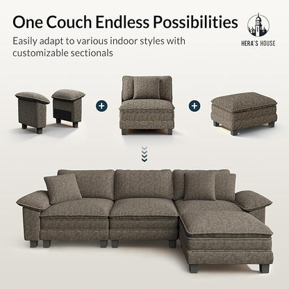 HERA'S HOUSE 124" Modular Sectional Sofa, Oversized L Shaped Couches for Living Room, Comfy Cloud Couch with Ottoman, 4-Seater Deep Seat Sofa with Throw Pillow, Chenille Ash