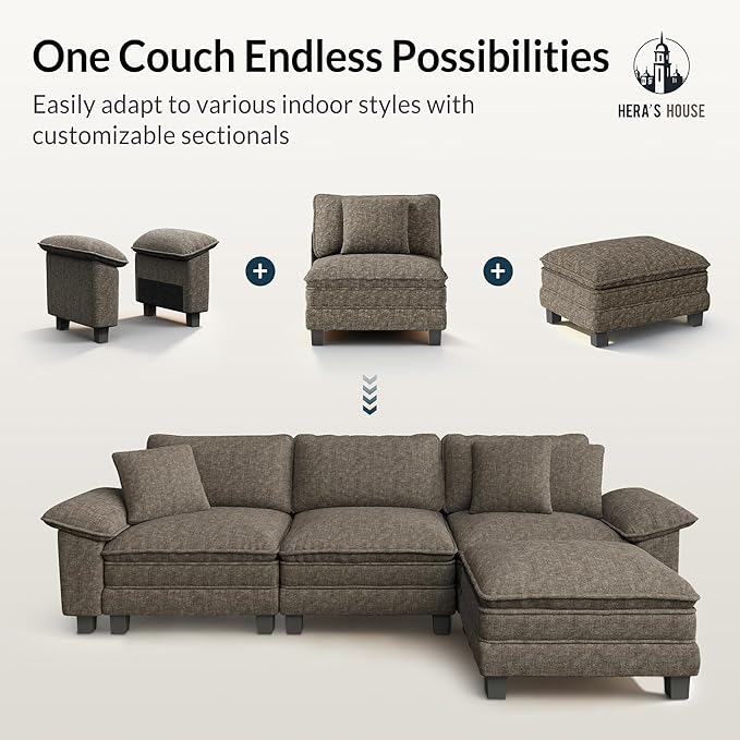 HERA'S HOUSE 158" Modular Sectional Sofa, Oversized L Shaped Couches for Living Room, Comfy Cloud Couch with Ottoman, 5-Seater Deep Seat Sofa with Throw Pillow, Chenille Ash
