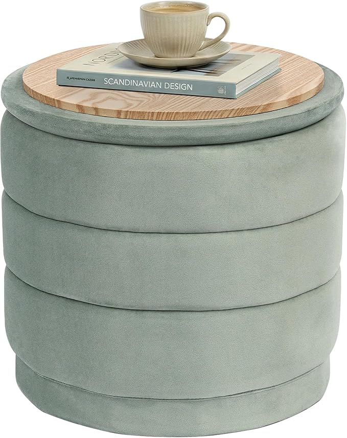 PINPLUS Round Velvet Ottoman Tray, Sage Upholstered Decorative Accent for Footstool or Coffee Table, Removable Serving Surface
