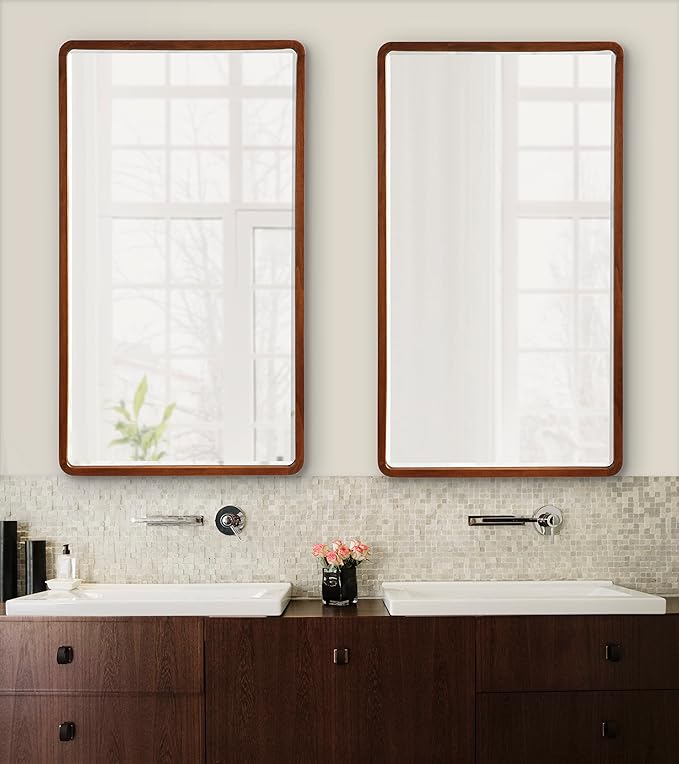 Kate and Laurel McLean Modern Wood Framed Rounded Rectangle Wall Mirror; 20 x 36; Walnut Brown; Decorative Round Rectangular Mirror for Contemporary Wall Decor
