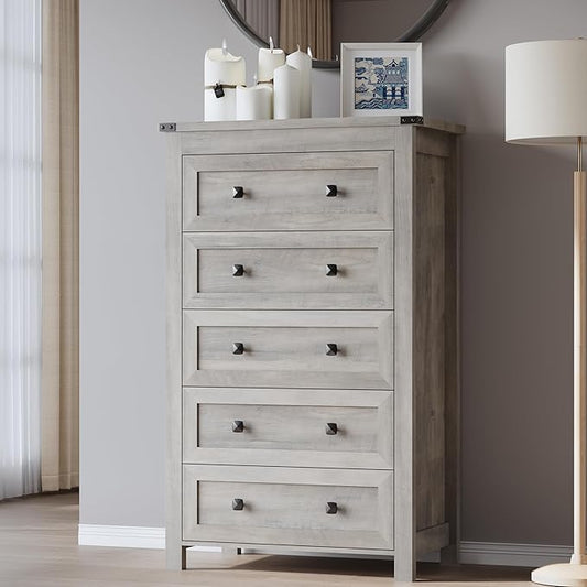 Tall 5-Drawer Dresser, Modern Wooden Storage Chest of Drawers, Dresser TV Stand, Wood Drawer Organizer with Metal Handles for Bedroom, Living Room, Hallway