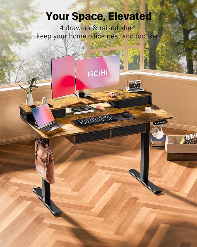 FiCiHi Adjustable Height Standing Desk with 4 Drawers,48 x 24 inches Electric Sit Stand Home Office Desk with Two Tiers, 3 Memory Presets, Monitor Stand Riser