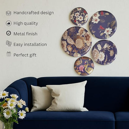 RITUALISTIC Oriental Blooms Iron Wall Art Plates – Set of 5 Decorative Plates | Floral & Nature-Inspired Metal Wall Decor | Elegant Wall Hanging for Bedroom & Home Decor Accent | Christmas gifts
