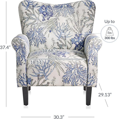 BELLEZE Modern Accent Chair for Living Room, High Back Linen Armchair with Wooden Legs, Upholstered Wingback Side Chair Padded Armrest Single Sofa for Living Room, Bedroom - Allston (Blue Coral)