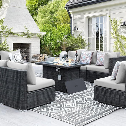 NICESOUL 9 Piece Outdoor Patio Furniture Set with Fire Pit Table Dual Natural Gas & Propane, 29.3'' High Back Extra Large Comfy Wicker Conversations, Deep Wide Modular Couches for Garden, Light Grey