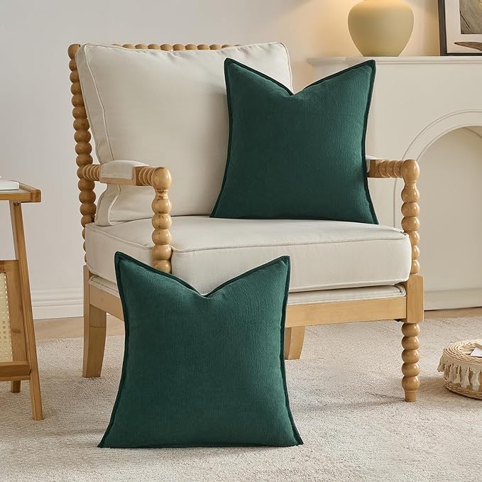 FUTEI Christmas Dark Green Chenille Throw Pillow Covers 18x18 Inch Set of 2,Edges Double-Stitched Cushion Cases,Modern Home Decor for Couch Living Room