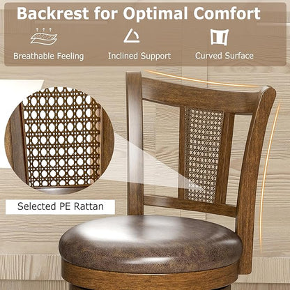 COSTWAY Counter Height Barstools Set of 4, 25” Solid Rubber Wood Swivel Counter Chairs with Faux Leather Seat, Curved PE Rattan Back, for Living Room & Kitchen Island, Brown (4, 25” Seat Height)