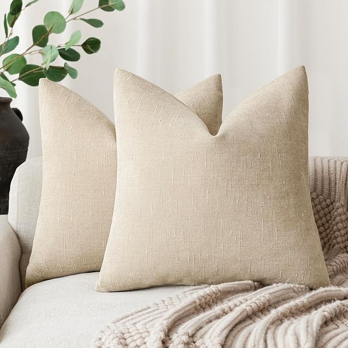Foindtower Pack of 2 Soft Textured Chenille Throw Decorative Pillow Covers Square Accent Solid Cushion Cover Cozy Neutral Farmhouse Pillow Case for Couch Sofa Bedroom Living Room 26x26 Inch, Beige
