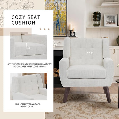 Accent Chairs Set of 2, Mid-Century Modern Upholstered Armchair, Comfy Fabric Living Room Chairs Reading Chairs with Button Tufted Back & Solid Wood Legs for Bedroom, Office, Beige