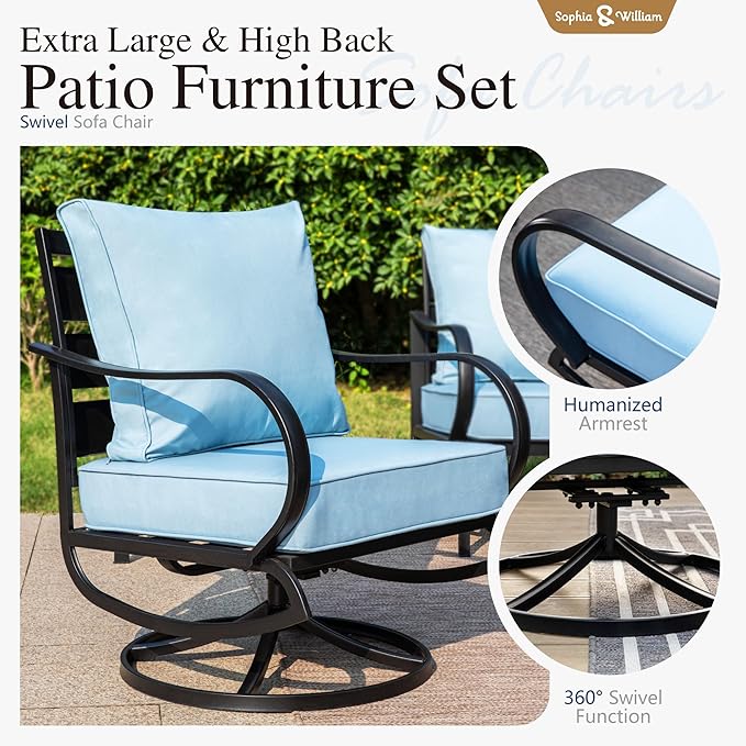 Sophia & William Patio Furniture Sets 5 Seats Outdoor Metal Conversation Sets 4 Pcs with 2 x Cushioned Swivel Sofa Chairs,1 x 3-Seat Sofa, 1x Marbling Metal Coffee Table Lawn Backyard Poolside Blue