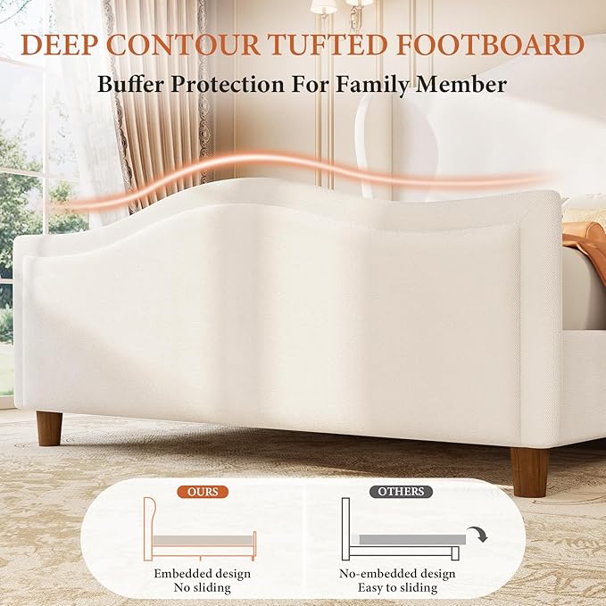 koorlian King Size Bed Frame Chenille Upholstered Platform Bed with 51" Tall Headboard and High Deep Tufted Footboard, Modern Retro Minimalist Style Wingback Sleigh Bed, Easy Assembly, Cream