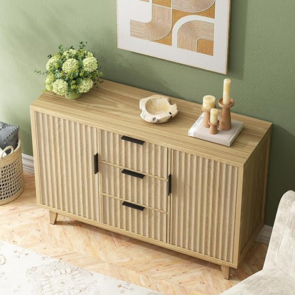 47.2" W Storage Cabinet with 3 Drawers, Fluted Buffet Cabinet with Storage, Large Sideboard Cabinet with 2 Door, Modern Mid Century TV Stand Coffee Bar Cabinet for Living Room, Kitchen, Entryway