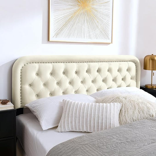 Tufted Upholstered Headboard,Button Solid Wood HeadBoards with Adjustable Height,Modern Performance Velvet Bed Head Boards,Easy Install&Nailhead (Beige, Queen)