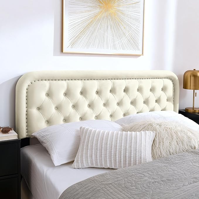 Tufted Upholstered Headboard,Button Solid Wood HeadBoards with Adjustable Height,Modern Performance Velvet Bed Head Boards,Easy Install&Nailhead (Beige, King)