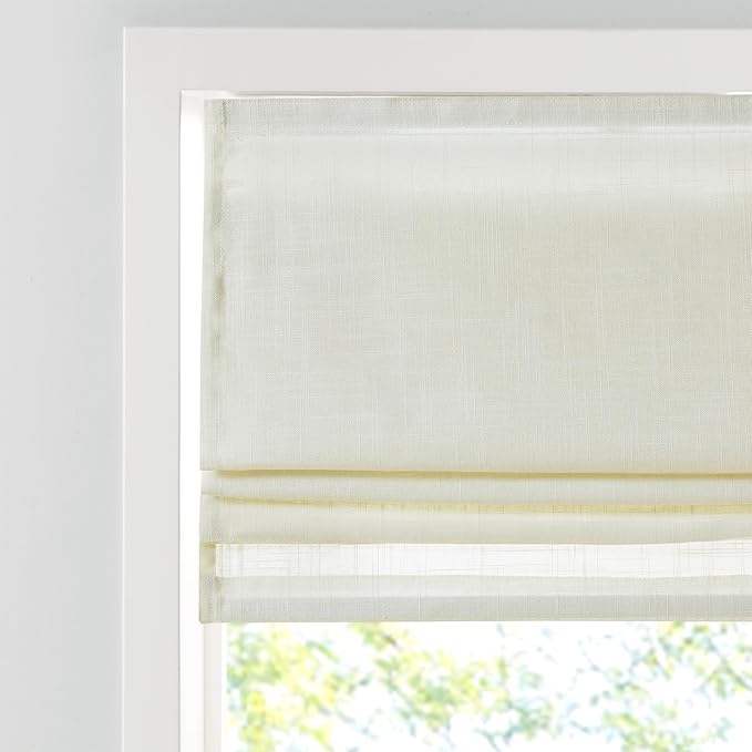 Madison Park Kyler Cordless Roman Shades - Single Panel, Lightweight Linen Blend Fabric, Natural Design, Easy Installation, Light Filtering Window Blind, Bedroom, Living Room Decor 29"W x 64"H Ivory